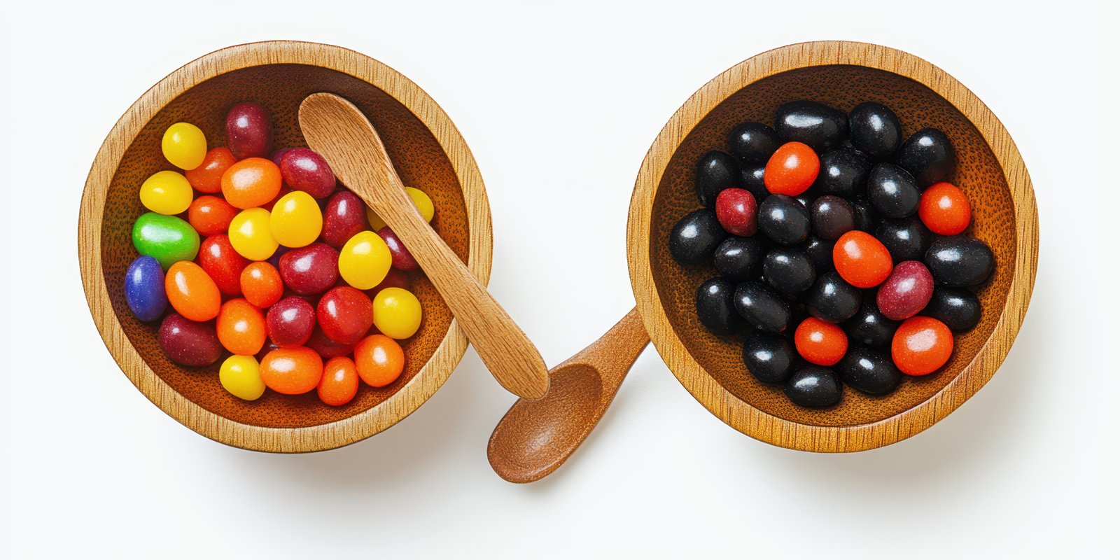 Colorful jelly beans displayed in two wooden bowls with a spoon on a white surface in a bright setting